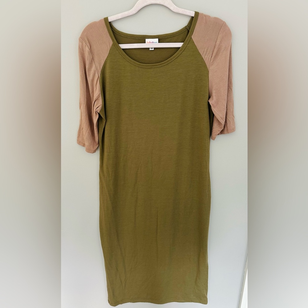 LuLaRoe Olive Green Tee Dress with Blush Raglan Sleeves